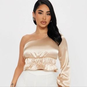 Satin one sleeve top. Champagne color